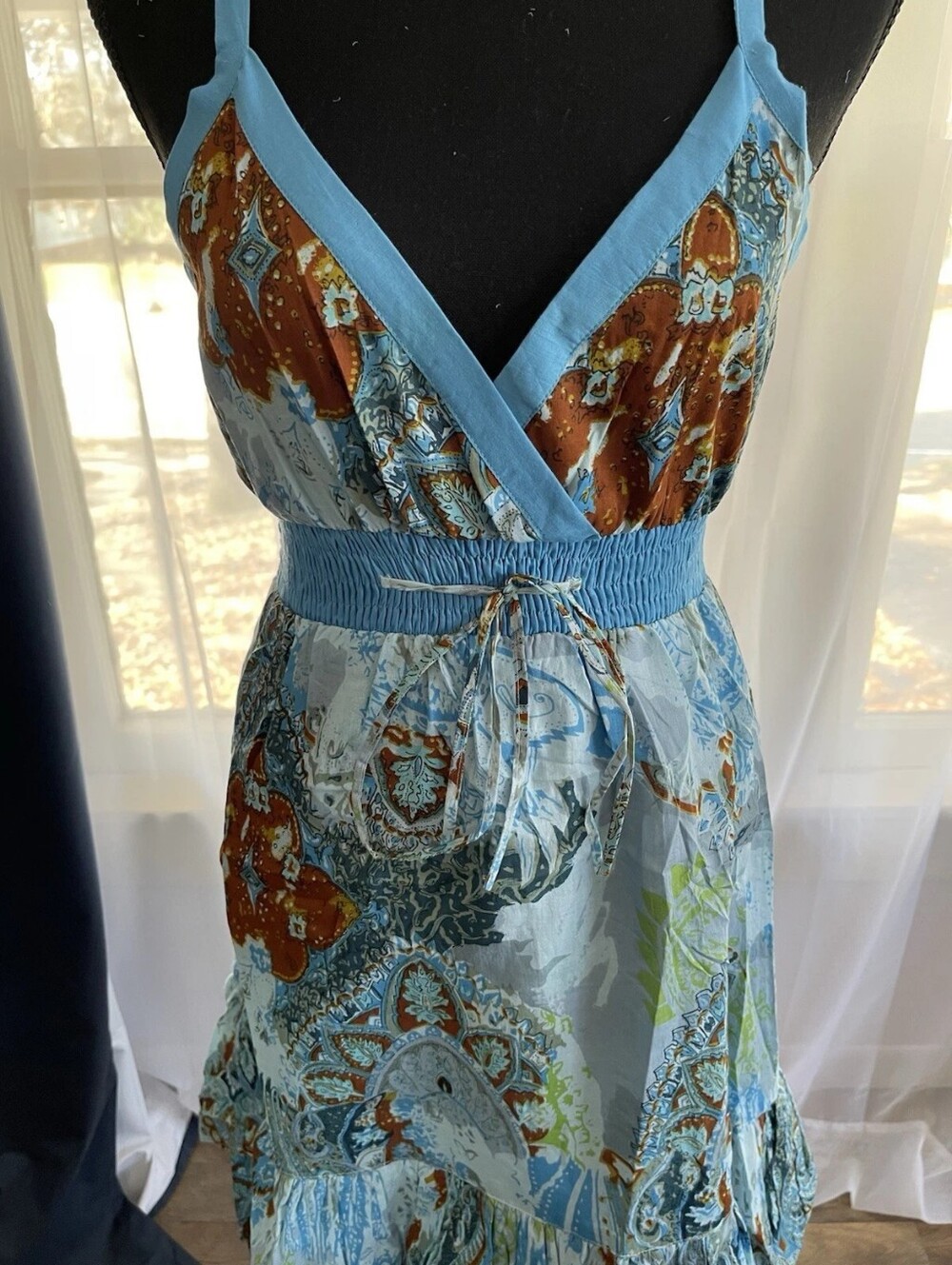 Light Blue Paisley Faux-Wrap Summer Dress